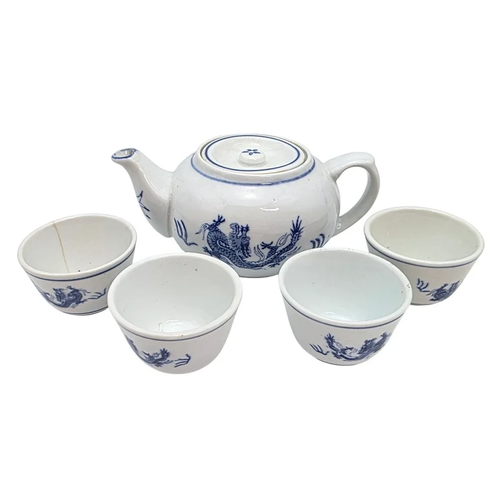 Pier 1 Imports Blue White Dragon Porcelain Tea Set Teapot 4 Cups Made in China